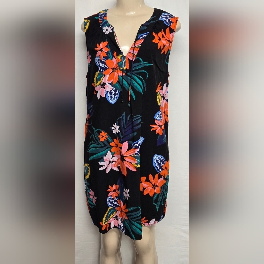 Old Navy L Bold Colorful Floral Midi Dress Tie Front Sleeveless V Neck Pullover